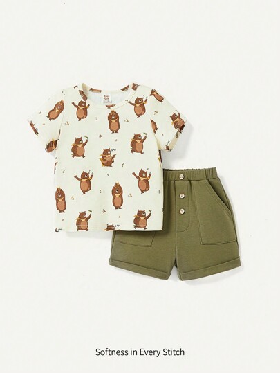 Cozy Pixies Baby Boy Cartoon Bear Pattern Short Sleeve Crew Neck Top And Casual Sports Shorts Two Pieces Set
