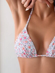 Swim Mod Summer Beach Floral Printed Halter Tie Back Bikini Top - Multicolor - View 4