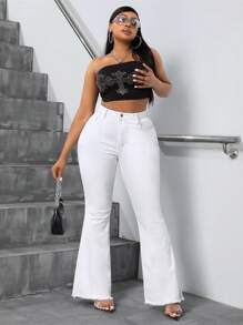 SHEIN SXY 女性純色簡約日常大碼牛仔褲，優雅超長喇叭褲 - 白色 - 查看 6