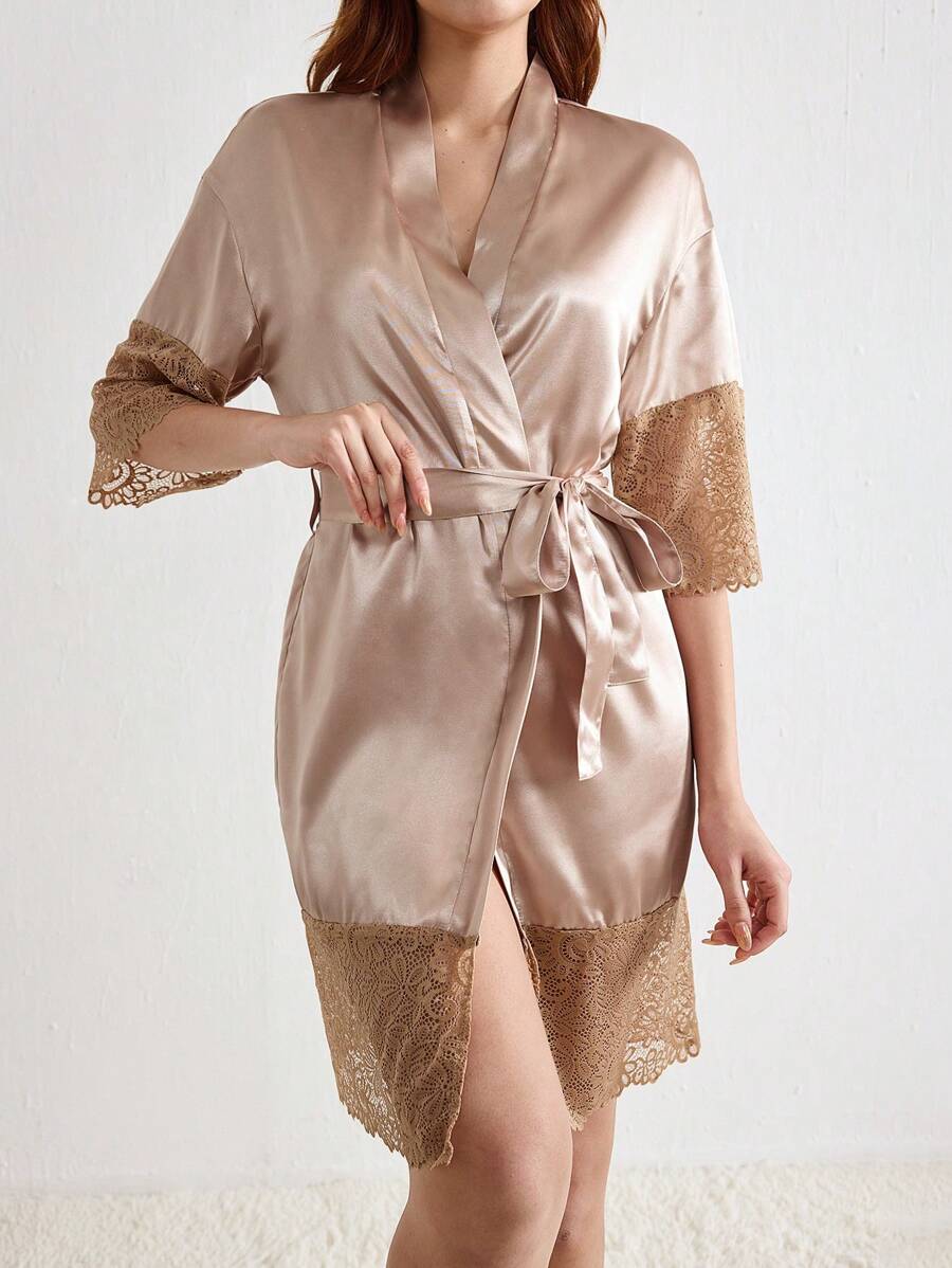 Women's Satin Lace Trimmed Belted Robe - Champagne - View 1