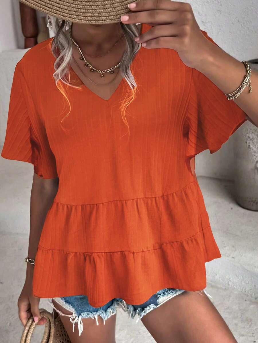 SHEIN LUNE Ladies" Solid Color V-Neck Ruffle Sleeve Casual Short Sleeve Shirt For Spring And Summer Peplum Top - Burnt Orange - View 1