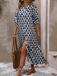 Breezaya 女士度假風格全印花長裙,前扣式開衩設計 - 藍色 - 查看 1