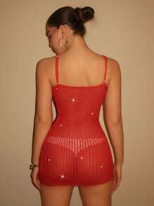SHEIN BAE Vestido mini rojo con lentejuelas y croché con tiras y Vestido rojo y Vestidos de mujer para el verano y Vestido de verano y Hawaiano y Vestido de cuello halter y Ropa de verano y Conjuntos para festivales y Conjuntos de ropa de playa para mujer - Rojo - Ver 2