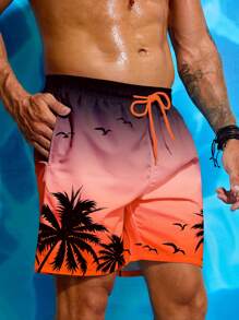 Manfinity Swimmode Men's Palm Tree Print Waist Drawstring Beach Shorts,Hawaiian