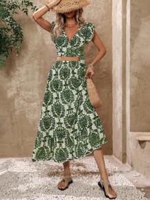 SHEIN VCAY Summer Holiday Leisure Halter Neck Top And Skirt Set Adorned With Ruffle Trim And Print - Green - View 1