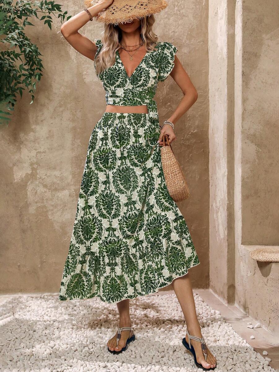 SHEIN VCAY Summer Holiday Leisure Halter Neck Top And Skirt Set Adorned With Ruffle Trim And Print - Green - View 1