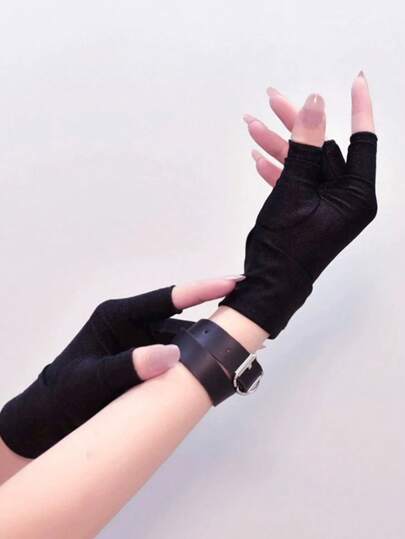 ROMWE Grunge Punk Guantes cortos sin dedos de estilo gótico Y2K negro para mujer, Halloween