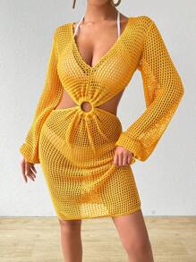 SHEIN Swim Vacation Solid Color Hollow Out Knit Cover Up Summer