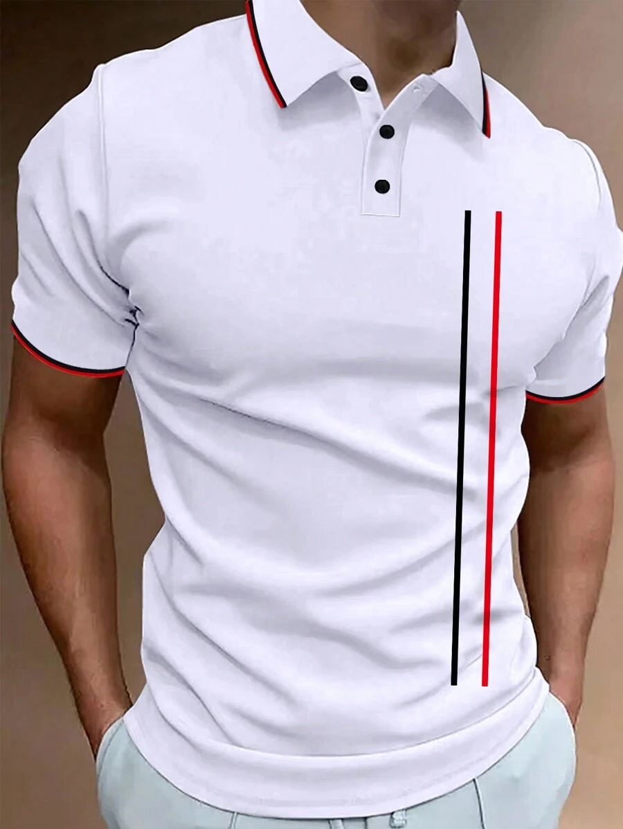 Manfinity Homme Camisa polo de manga corta con rayas de bloques de color para hombres - Blanco - Ver 1