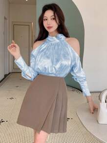 DAZY Camisa de mujer con cuello alto, hombros abiertos y mangas largas plisadas, ropa de mujer de otoño - Azul - Ver 3