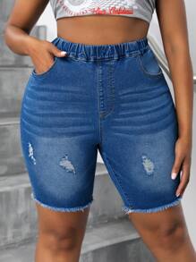 SHEIN SXY Plus Size Women's Elastic Waist Denim Cycling Shorts With Distressed Frayed Hem - Medium Wash - View 6