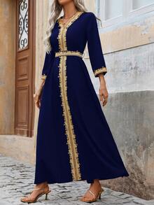 SHEIN Unity 春季刺绣编织腰带 V 领收腰长袖连衣裙超长女装 - 藏蓝色 - 查看 4