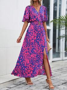 SHEIN Clasi Robe longue fendue jusqu'à la cuisse à encolure en V imprimée intégralement pour femmes