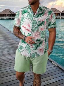 Manfinity RSRT 男士印花翻領短袖襯衫,前扣式設計,內含口袋短褲,2入組 - 彩色 - 查看 1