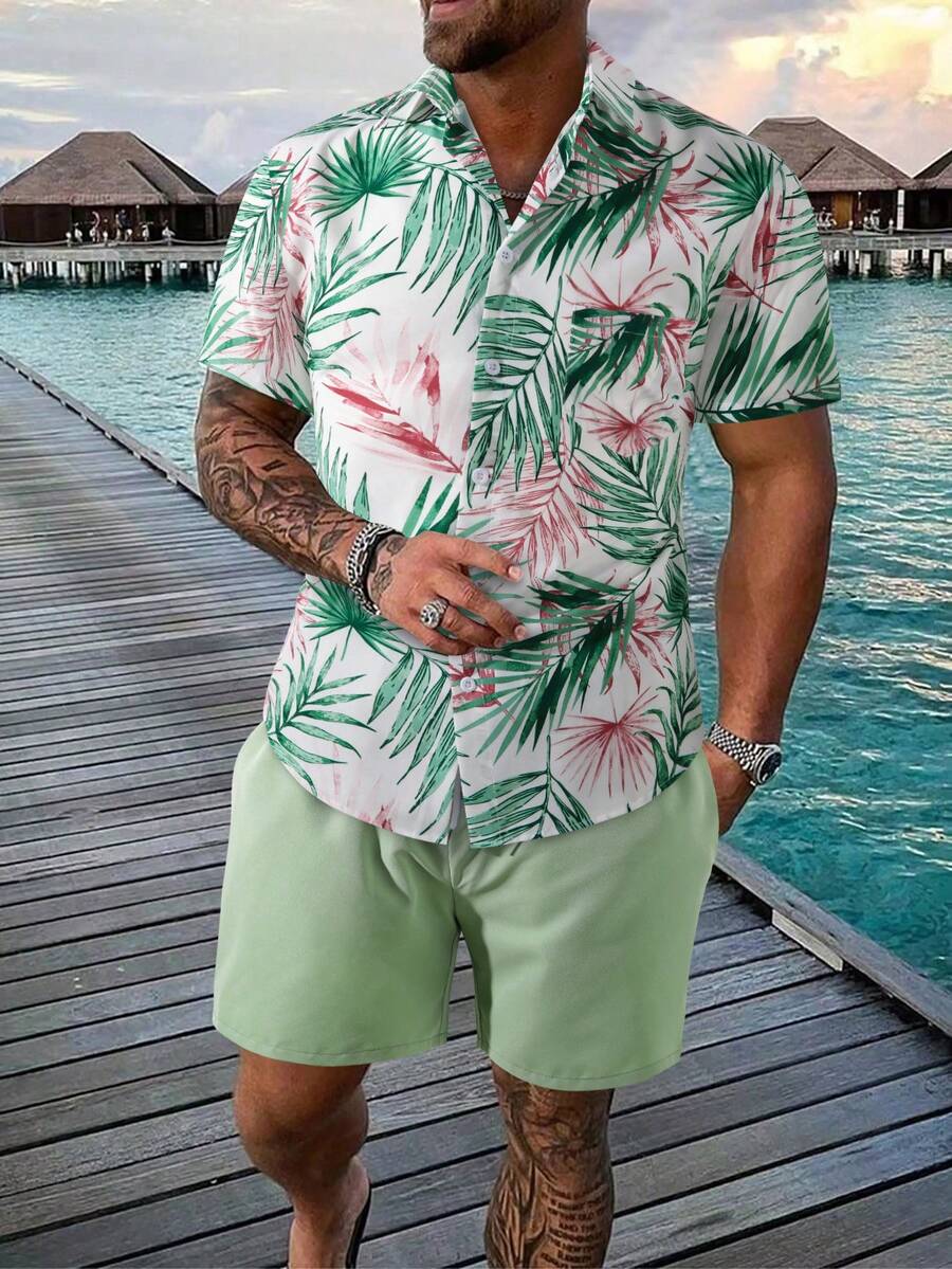 Manfinity RSRT 男士印花翻領短袖襯衫,前扣式設計,內含口袋短褲,2入組 - 彩色 - 查看 1