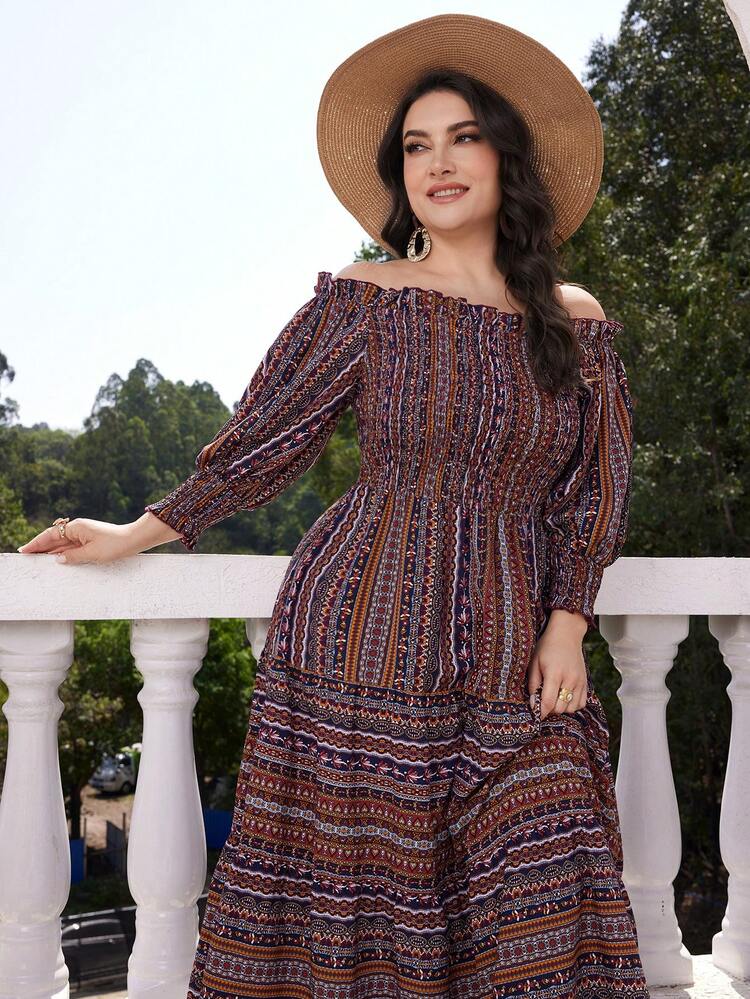 Plus Size Vintage Printed Off Shoulder Dress