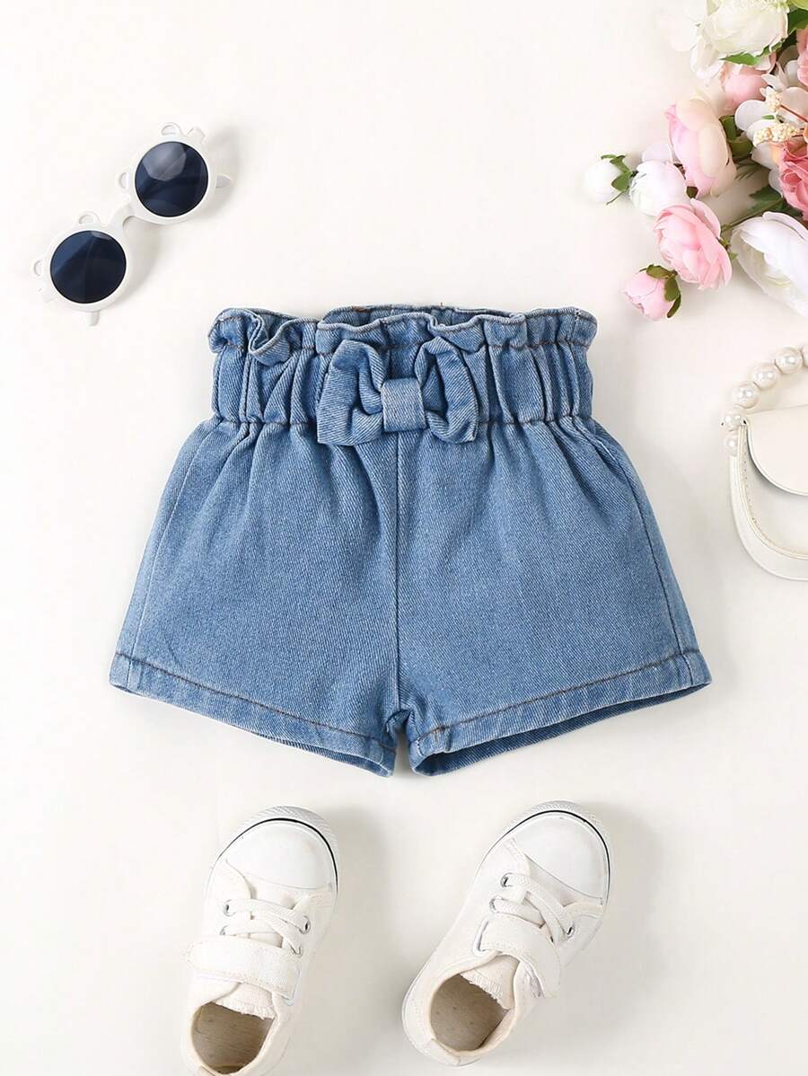 Baby Girls' Bowknot Detail Paper Bag Waist Denim Shorts, Spring/Summer - Light Wash - View 1