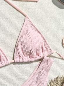 SHEIN Swim Conjunto De Bikini Para Mujeres De Color Sólido Con Cuello Halter Para Vacaciones - Rosa - Ver 4