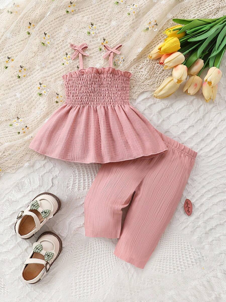Ensemble haut tissé pour bébé fille avec bretelles à volants et pantalon - Rose bonbon - Voir 1