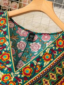 Breezaya Kích thước lớn Cổ chữ V Retro In Phong cách Bohemian Mùa xuân/Mùa hè Kỳ nghỉ Đầm - Màu xanh lá cây đậm - Xem 4