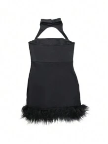 SHEIN 女士性感羽毛修邊無袖連衣裙 - 黑色 - 查看 2