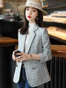 SHEIN Clasi 春季休閒兩排扣西裝外套,有線插口翻領設計