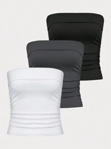 Lunelith SHEIN Lunessa Top sin tirantes de verano para mujeres con pliegues y unicolor