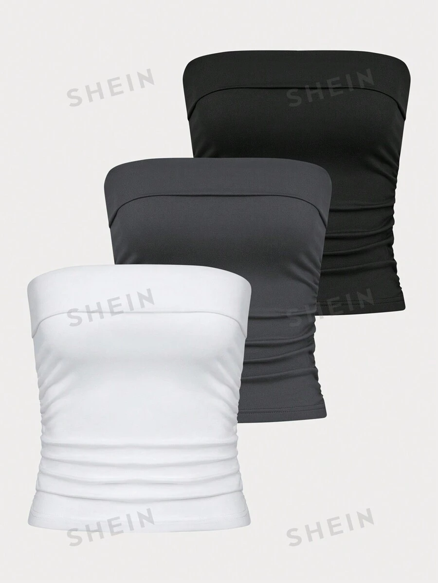 Lunelith SHEIN Lunessa Top sin tirantes de verano para mujeres con pliegues y unicolor