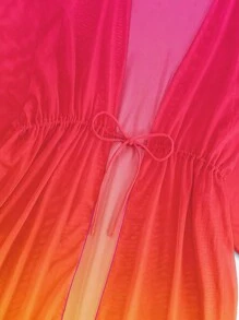 Costavie Ombre Drawstring Waist Batwing Sleeve Mesh Kimono,Summer Beach - Hot Pink - View 3