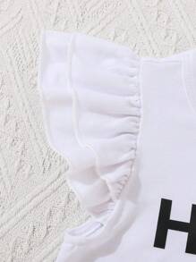 SHEIN 少女復活節服裝夏季新款可愛卡通兔印花短袖t卹+喇叭褲+髮箍套裝 - 黃色 - 查看 3