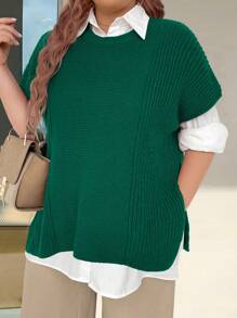 SHEIN LUNE Women's Plus Size Short-Sleeved Sweater With Side Slits Knit Pullover Fall Winter Autumn - Dark Green - View 5