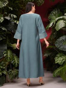 Al Najma Jacquard V-Neck Fringed Dress, Perfect For Summer, Modest Kaftan - Grey - View 2