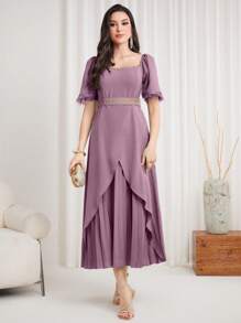 Modelyn Women's Square Neckline Short Puff Sleeve Pleated Dress - Purple - View 4