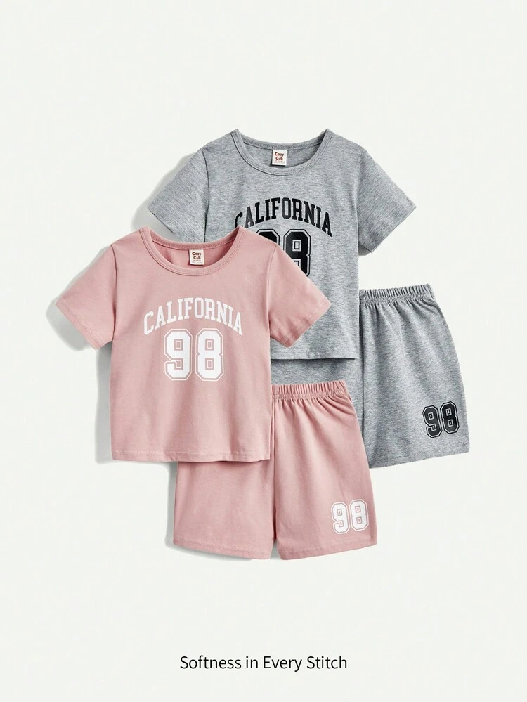 4pcs/Set Baby Girls' Short Sleeve Letter Printed Top & Casual Shorts Outfits Matching Set