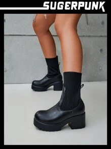 Sugerpunk 女式鞋款,時尚圓頭厚底針織黑色萬能靴 - 黑色 - 查看 7
