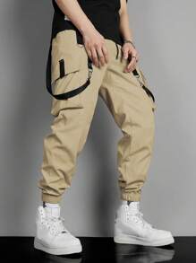 Manfinity Roghcode Men Contrast Tape Flap Pocket Drawstring Waist Cargo Pants - Khaki - View 5