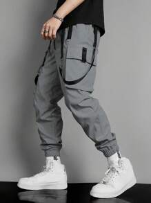 Manfinity EMRG Men Contrast Tape Flap Pocket Drawstring Waist Cargo Trousers - Grey - View 2