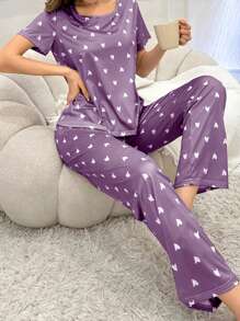 Heart Print Bowknot Decor Short Sleeve Top And Long Pants 2pcs Sleepwear Set Pajama Set Bow Tie - Violet Purple - View 3