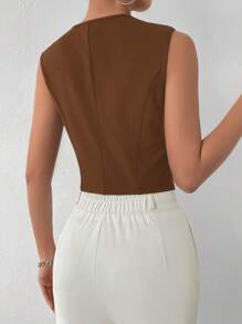 Chiquease Casual Vest Jacket With Detailed Design, Large Lapel Collar And Single-Breasted Button - Coffee Brown - View 2