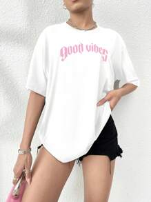 SHEIN Unity 简约字母印花圆领短袖 T 恤图案 T 恤女式上衣 - 白色 - 查看 2