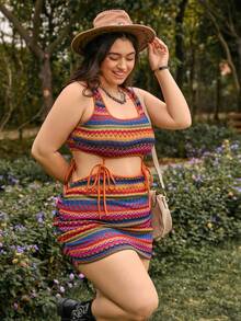 SHEIN Dreamara 大尺碼多色連身緊身裙,腰部中空與打結細節設計 - 彩色 - 查看 3