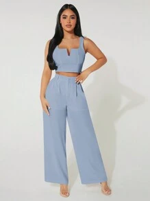 SHEIN PETITE Mùa hè giản dị Đi làm Ngắn Áo ba lỗ Và Rộng chân Quần Với Xếp - Màu xanh nhạt - Xem 5