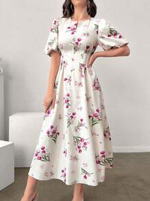 Modelyn Vestido largo de mujer con estampado floral, mangas de globo y cintura ceñida, vestido de noche informal y elegante para el verano