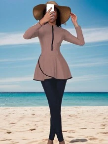 Bañador burkini de copa completa con cremallera delantera - Rosa vieja - Ver 3