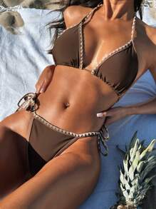 Swim Vcay 女士度假夏季沙灘印花頸吊掛比基尼，2件套裝 - 棕色 - 查看 1