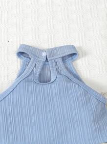 SHEIN Young Girl Solid Texture Sleeveless Halterneck Top & Wide Leg Pants With Waist Bag, Spring/Summer - Blue - View 7