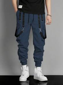 Manfinity EMRG Men Contrast Tape Flap Pocket Drawstring Waist Cargo Trousers - Navy Blue - View 3