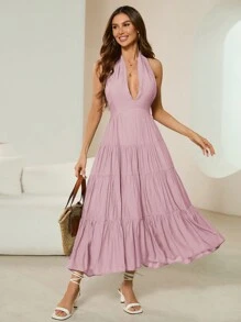 GENKIRA Vestido De Mujer Con Cuello Halter Y Dobladillo Con Volantes En unicolor Y Espalda Abierta - Rosa - Ver 3