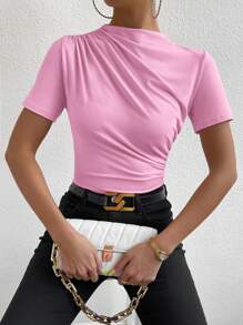 Chiquease Solid Color Slim Fit Short Sleeve T-Shirt With Pleated Detail For Summer Casual Wear - Pink - View 5