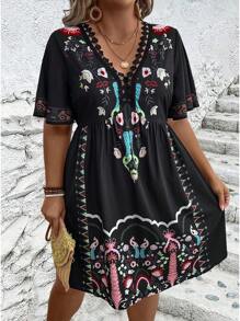 Breezaya Plus Size Vacation Style Floral Print Lace Trimmed Dress - Multicolor - View 3